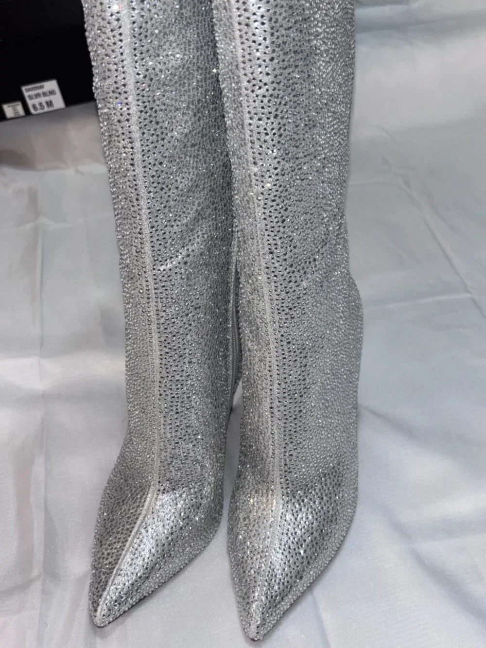 NIB INC Saveria Silver Rhinestone Bling Knee-High Stiletto Boots Women’s 6.5M